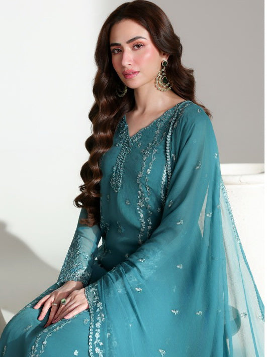 Azure Ensembles Embroidered Chiffon Unstitched 3Pc Suit D-10 TEAL AFFAIR