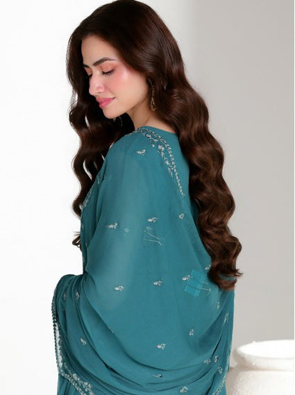 Azure Ensembles Embroidered Chiffon Unstitched 3Pc Suit D-10 TEAL AFFAIR