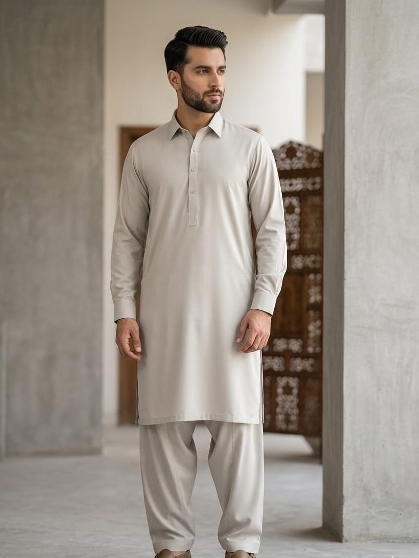 Majestic by Fabrieco Men's Unstitched Blended Suit - Pale Yellow