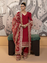 Hemstitch Embroidered Raw Silk Ready to Wear 3Pc Suit - Rose