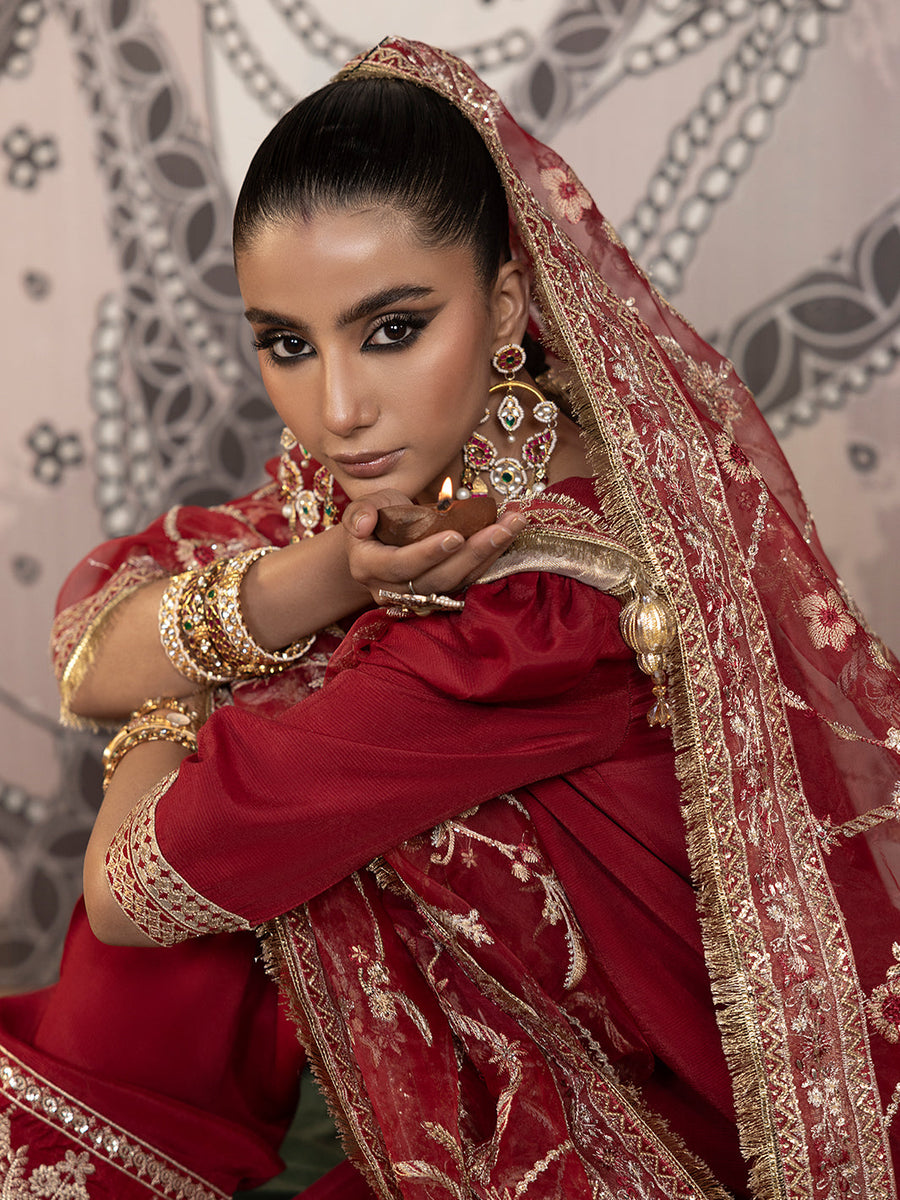 Hemstitch Embroidered Raw Silk Ready to Wear 3Pc Suit - Rose