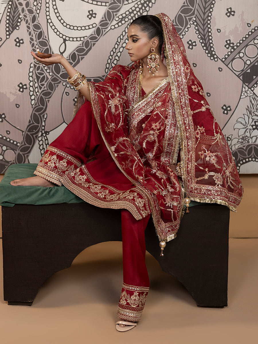 Hemstitch Embroidered Raw Silk Ready to Wear 3Pc Suit - Rose
