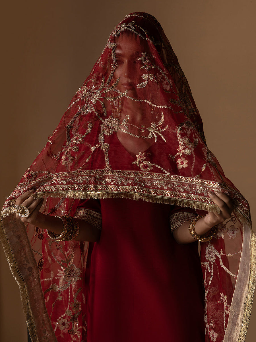 Hemstitch Embroidered Raw Silk Ready to Wear 3Pc Suit - Rose
