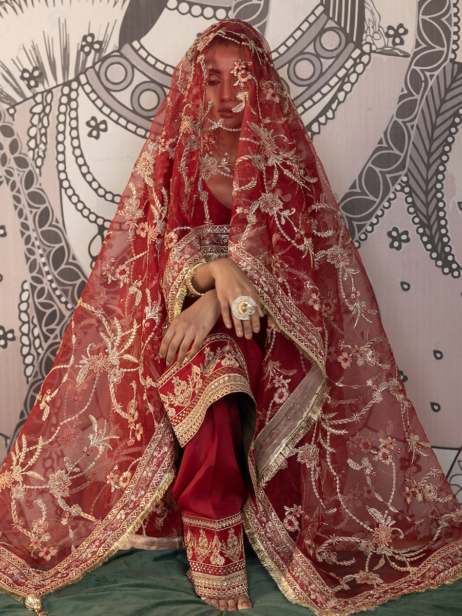 Hemstitch Embroidered Raw Silk Ready to Wear 3Pc Suit - Rose