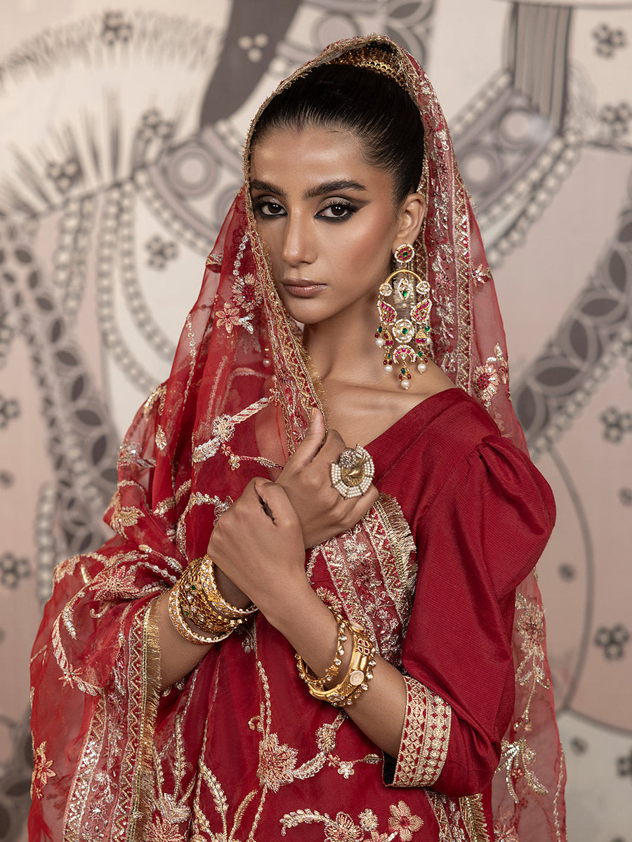 Hemstitch Embroidered Raw Silk Ready to Wear 3Pc Suit - Rose