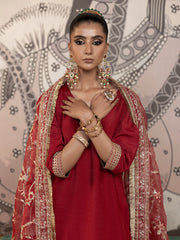 Hemstitch Embroidered Raw Silk Ready to Wear 3Pc Suit - Rose