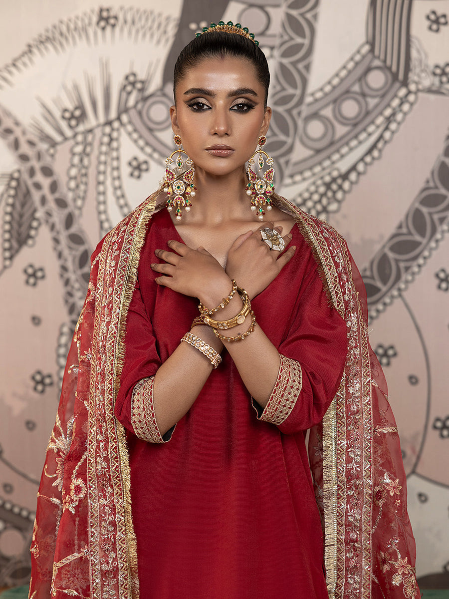 Hemstitch Embroidered Raw Silk Ready to Wear 3Pc Suit - Rose