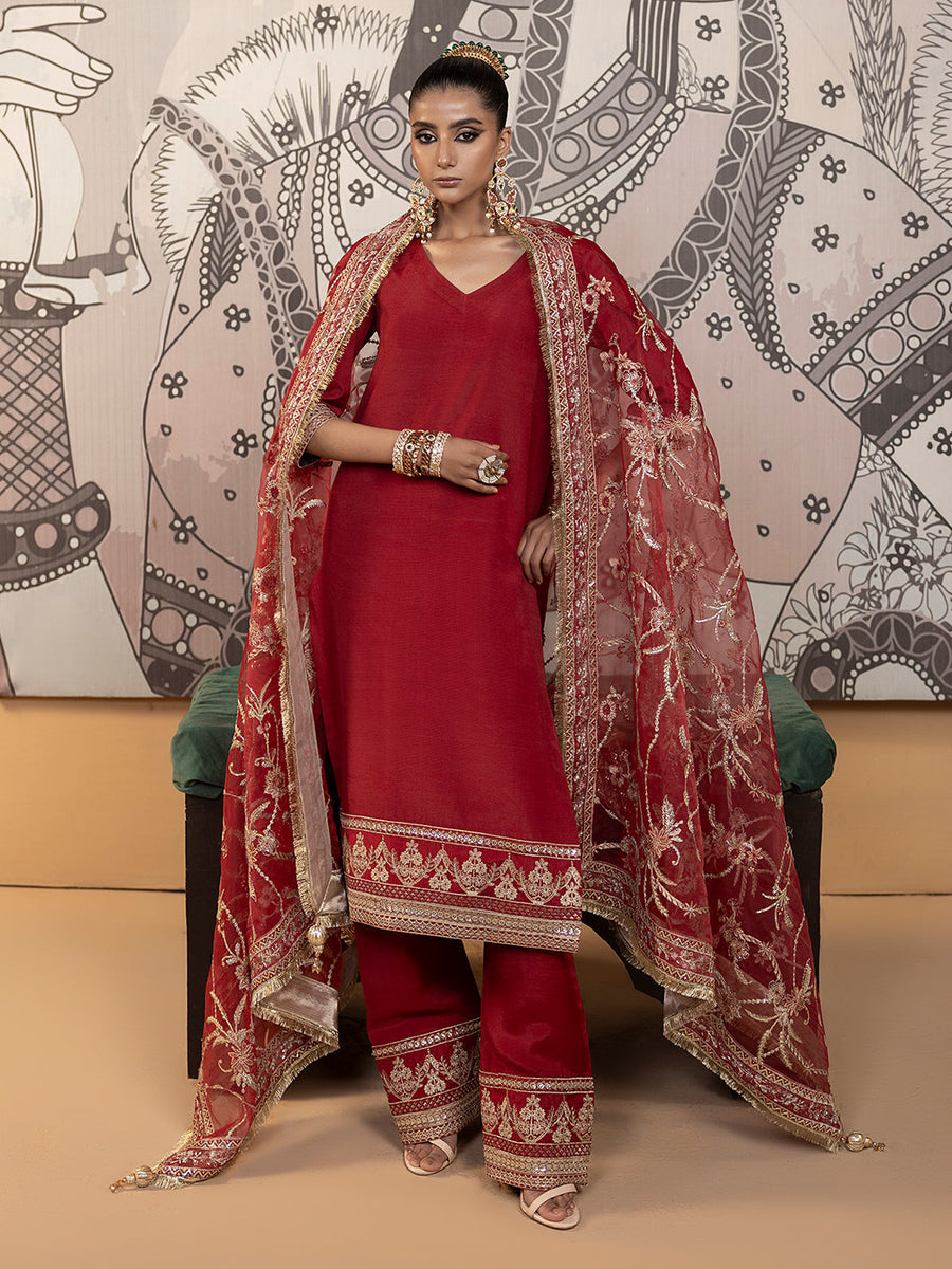 Hemstitch Embroidered Raw Silk Ready to Wear 3Pc Suit - Rose