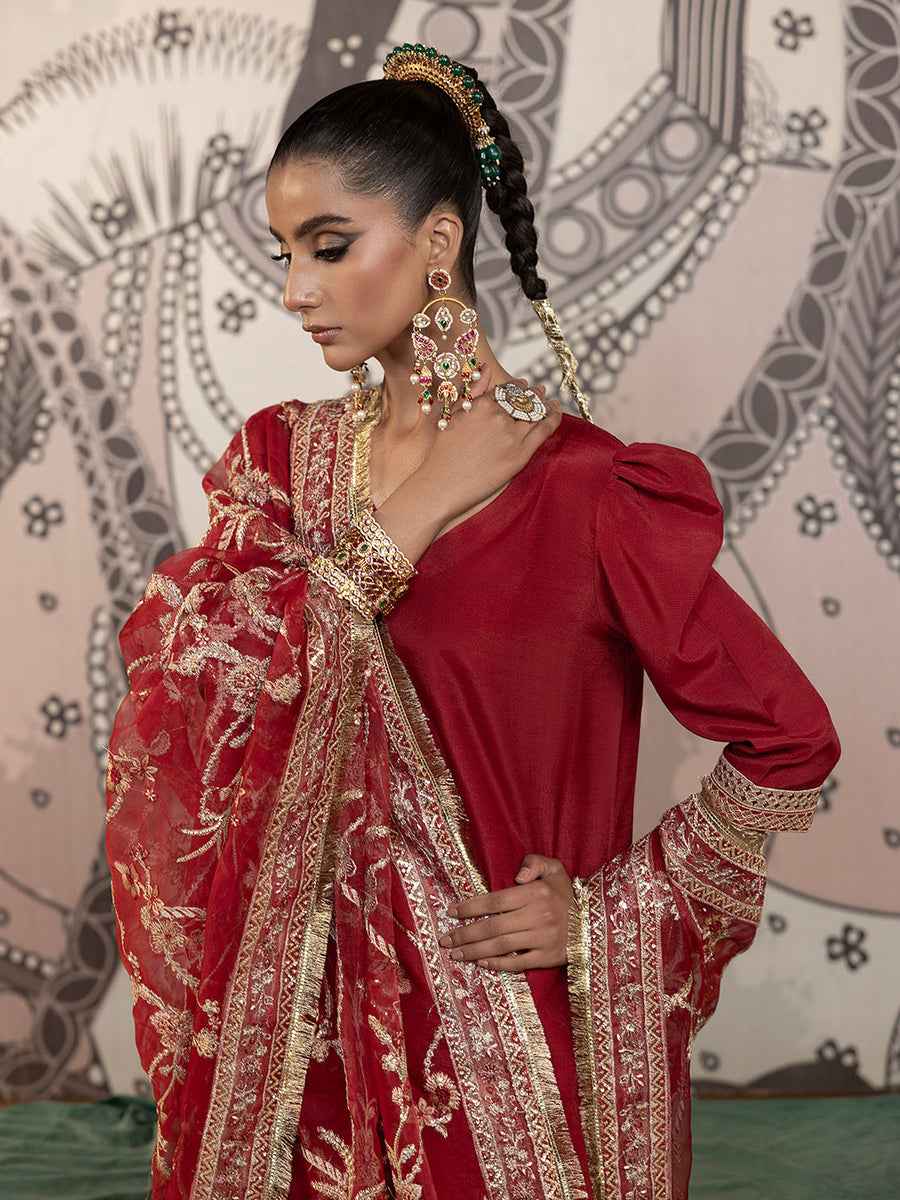 Hemstitch Embroidered Raw Silk Ready to Wear 3Pc Suit - Rose