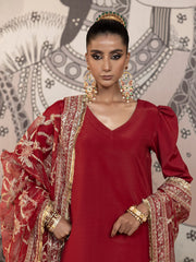 Hemstitch Embroidered Raw Silk Ready to Wear 3Pc Suit - Rose