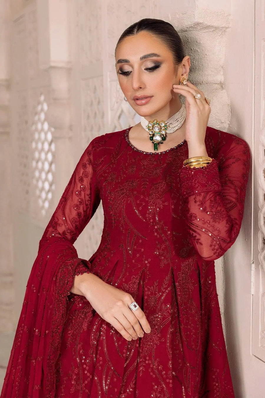 AF-DUA-3006-Sylvi Red Embroidered Chiffon