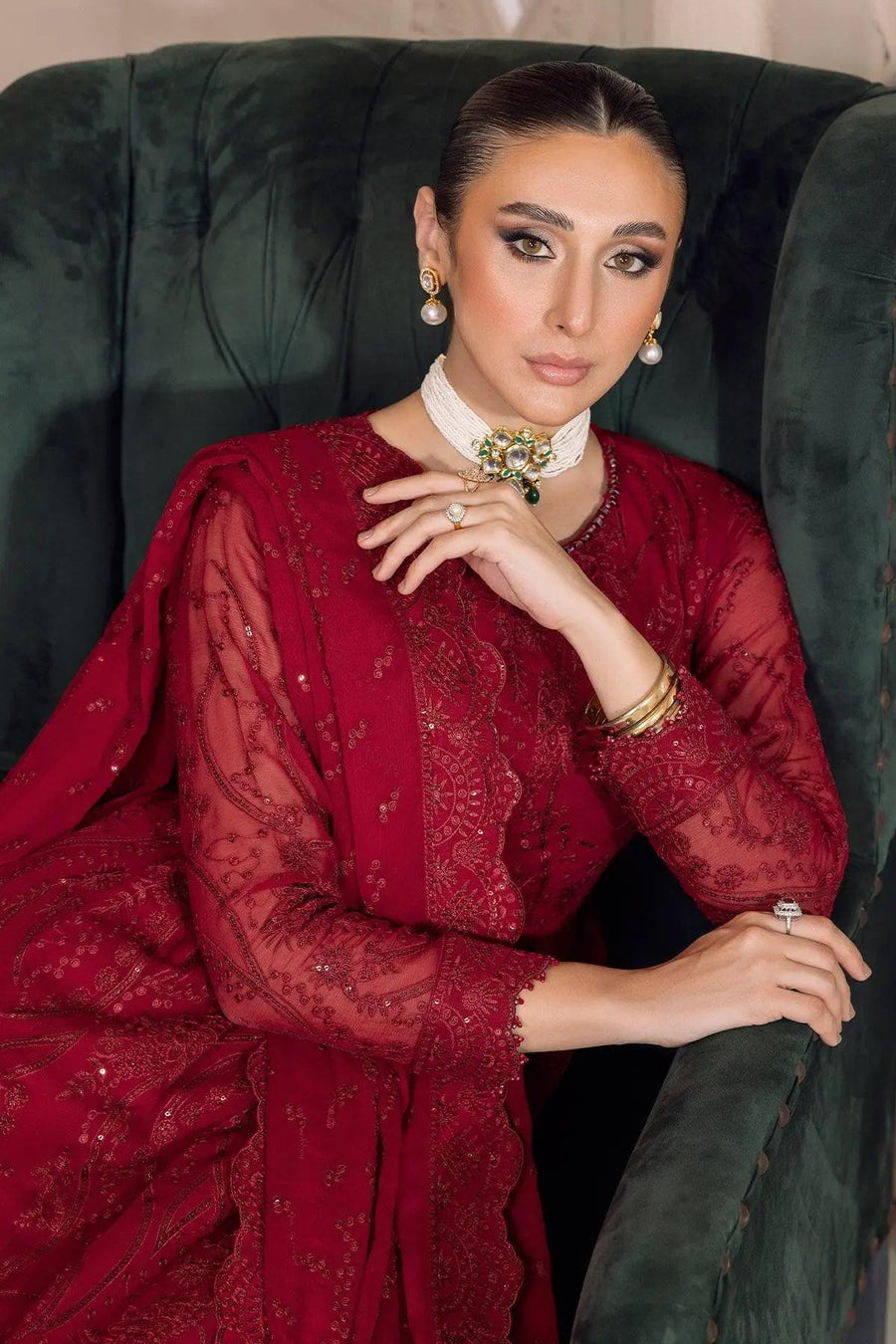 AF-DUA-3006-Sylvi Red Embroidered Chiffon