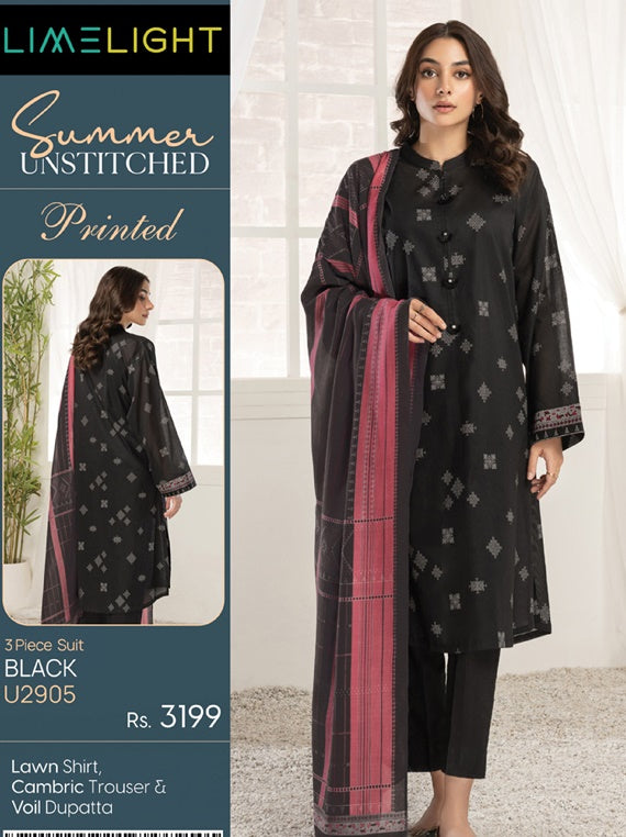 LimeLight Vol-03 Summer Unstitched Printed Lawn 3Pc Suit U2905 Black