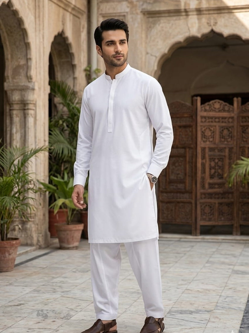 Majestic by Fabrieco Men's Unstitched Blended Suit - White