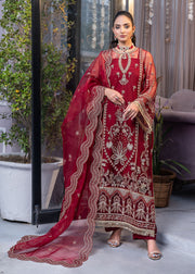 Qalb by Suveez Embroidered Net Unstitched 3Pc Suit - Saraab