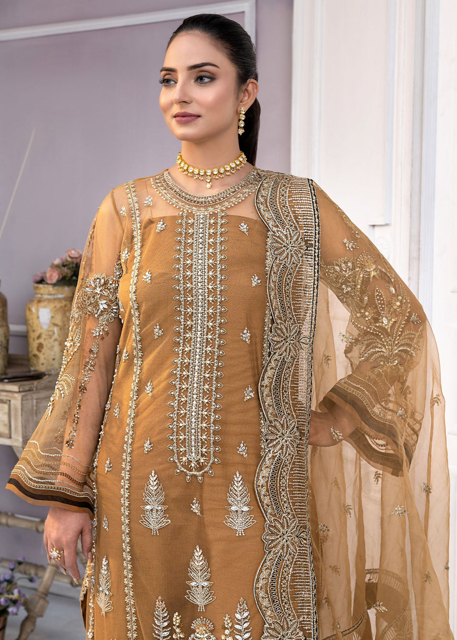 Qalb by Suveez Embroidered Net Unstitched 3Pc Suit - Ziba