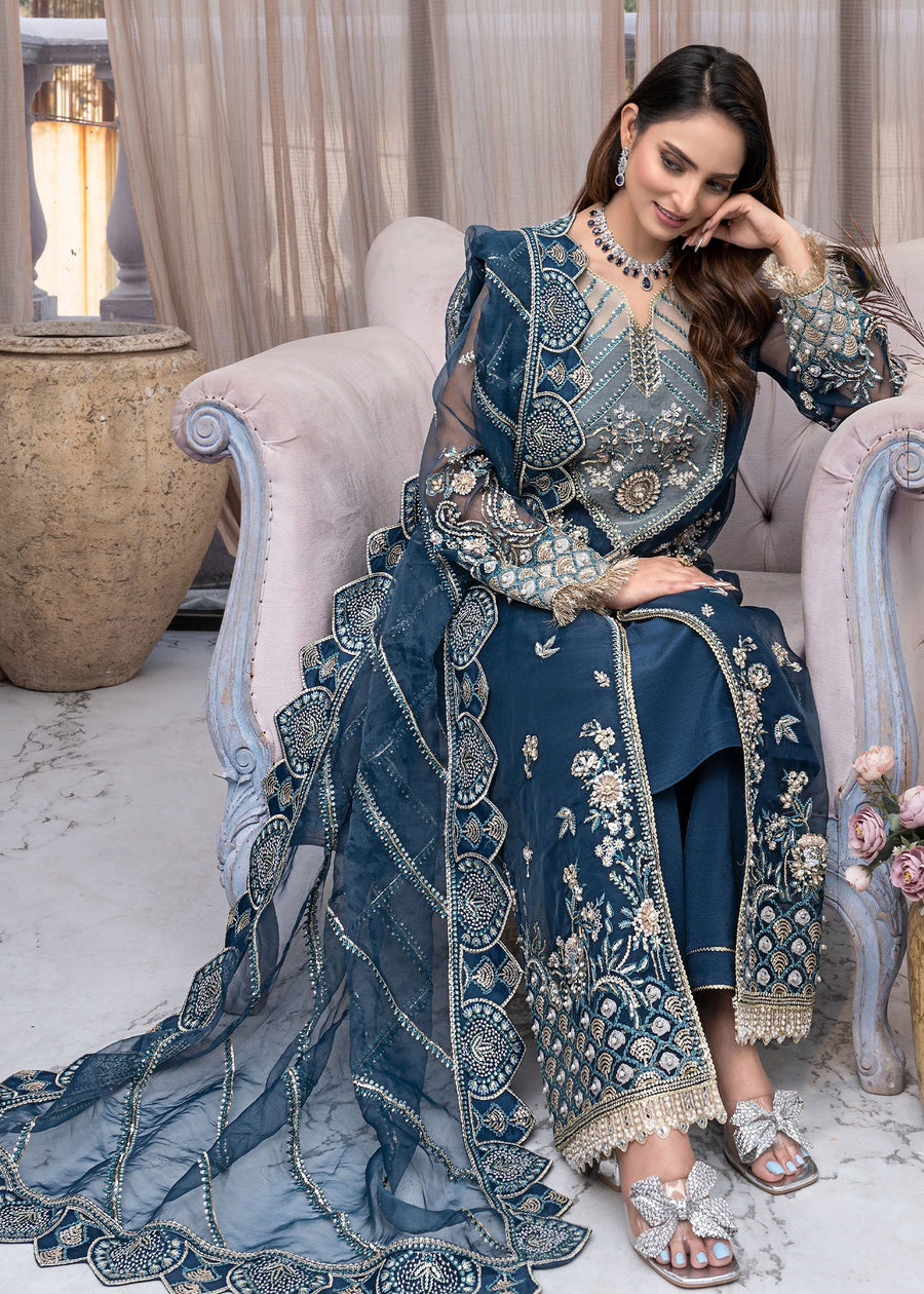 Qalb by Suveez Embroidered Organza Unstitched 3Pc Suit - Nigaar