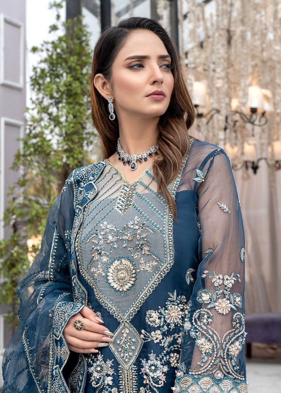 Qalb by Suveez Embroidered Organza Unstitched 3Pc Suit - Nigaar