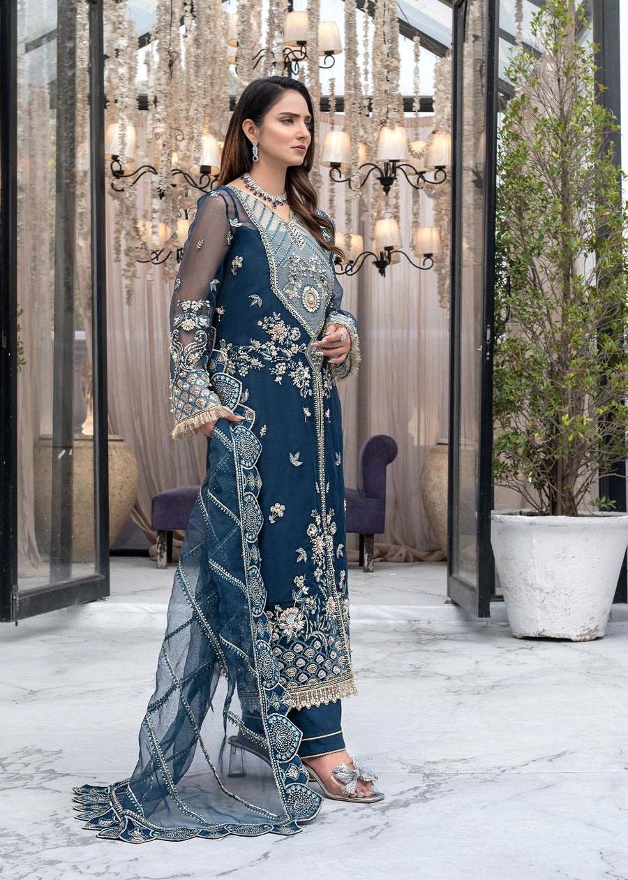 Qalb by Suveez Embroidered Organza Unstitched 3Pc Suit - Nigaar