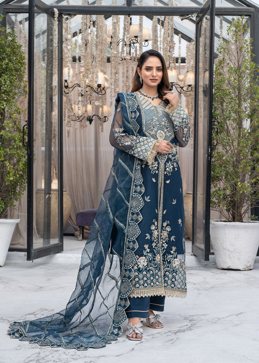 Qalb by Suveez Embroidered Organza Unstitched 3Pc Suit - Nigaar