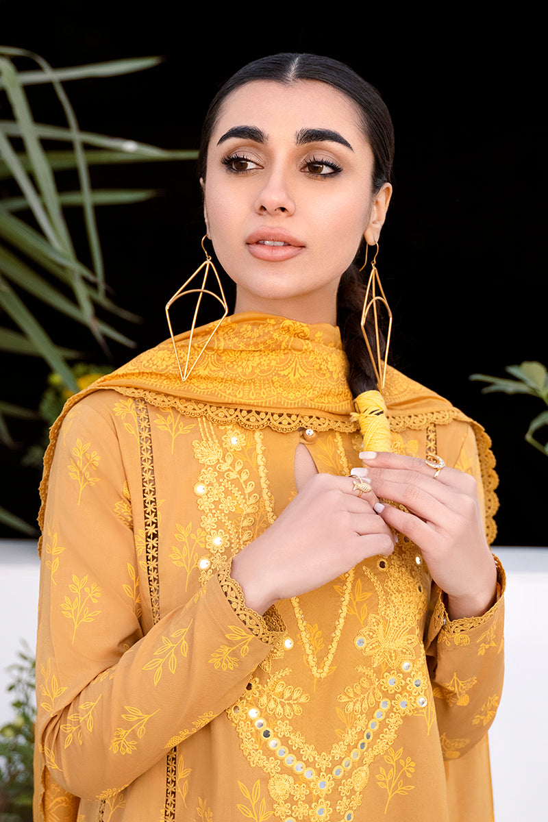 Cross Stitch Uraan Premium Lawn Unstitched 3Pc Suit D-24 MUSTARD ORIANE
