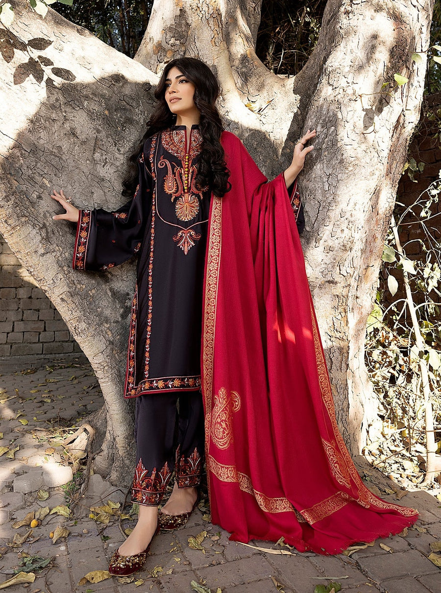 Nuriyaa Winter Pret Embroidered Shamose Silk 2 Piece Suit - Rani
