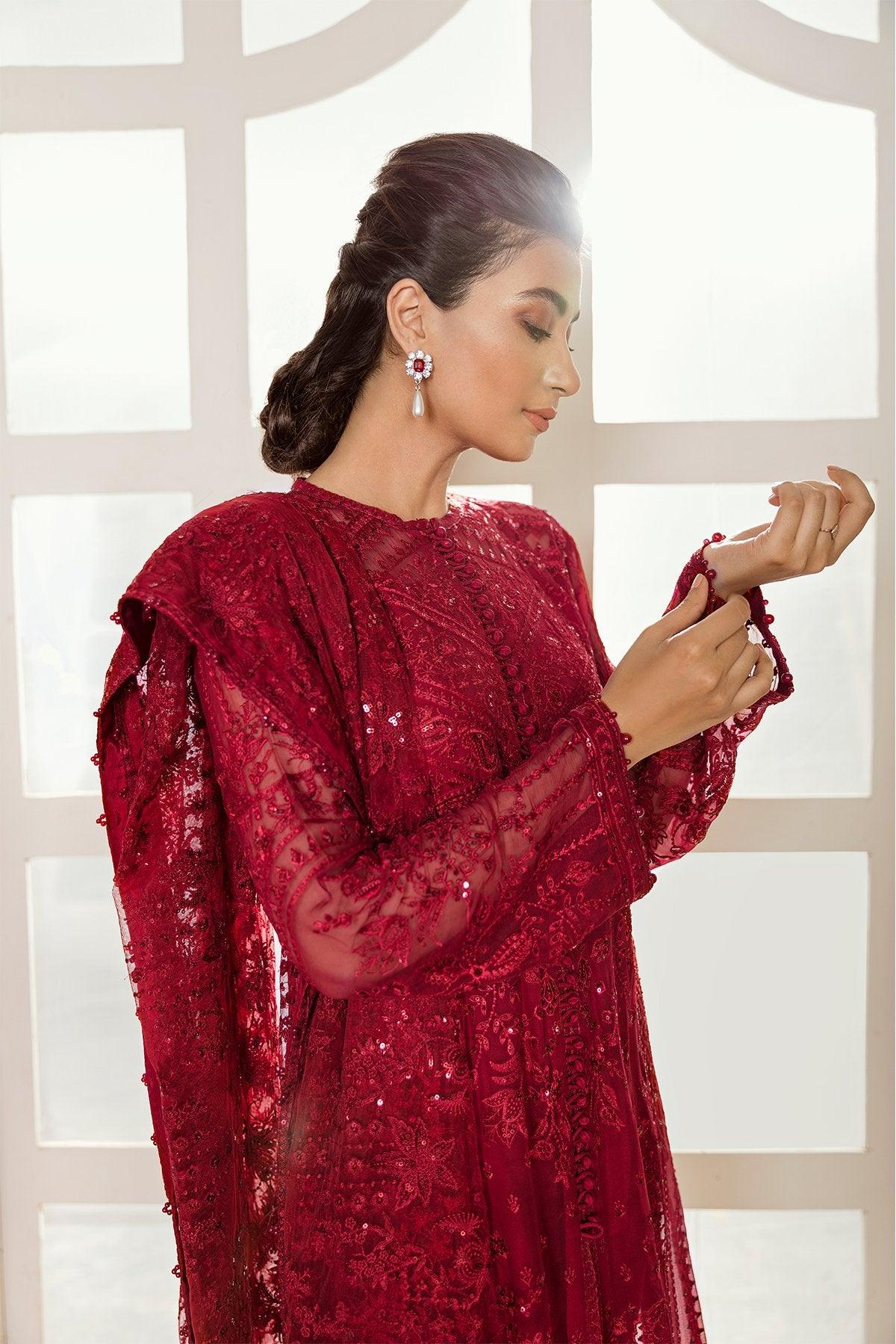 red chiffon dress pakistani Crimson Red Chiffon Heavy Embroidered Straight Cut Premium Wedding Wear
