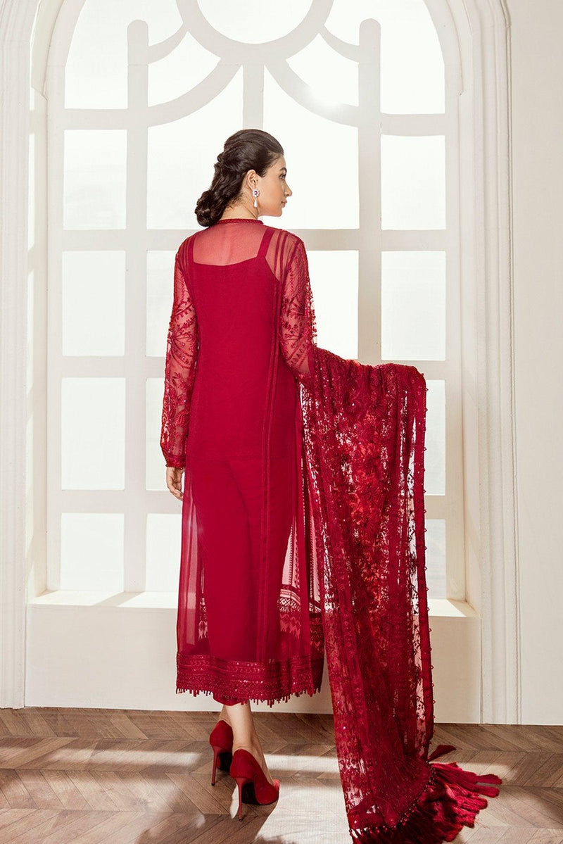 Baroque Luxury Embroidered Chiffon 3 Piece Suit - RED VELVET - FaisalFabrics.pk