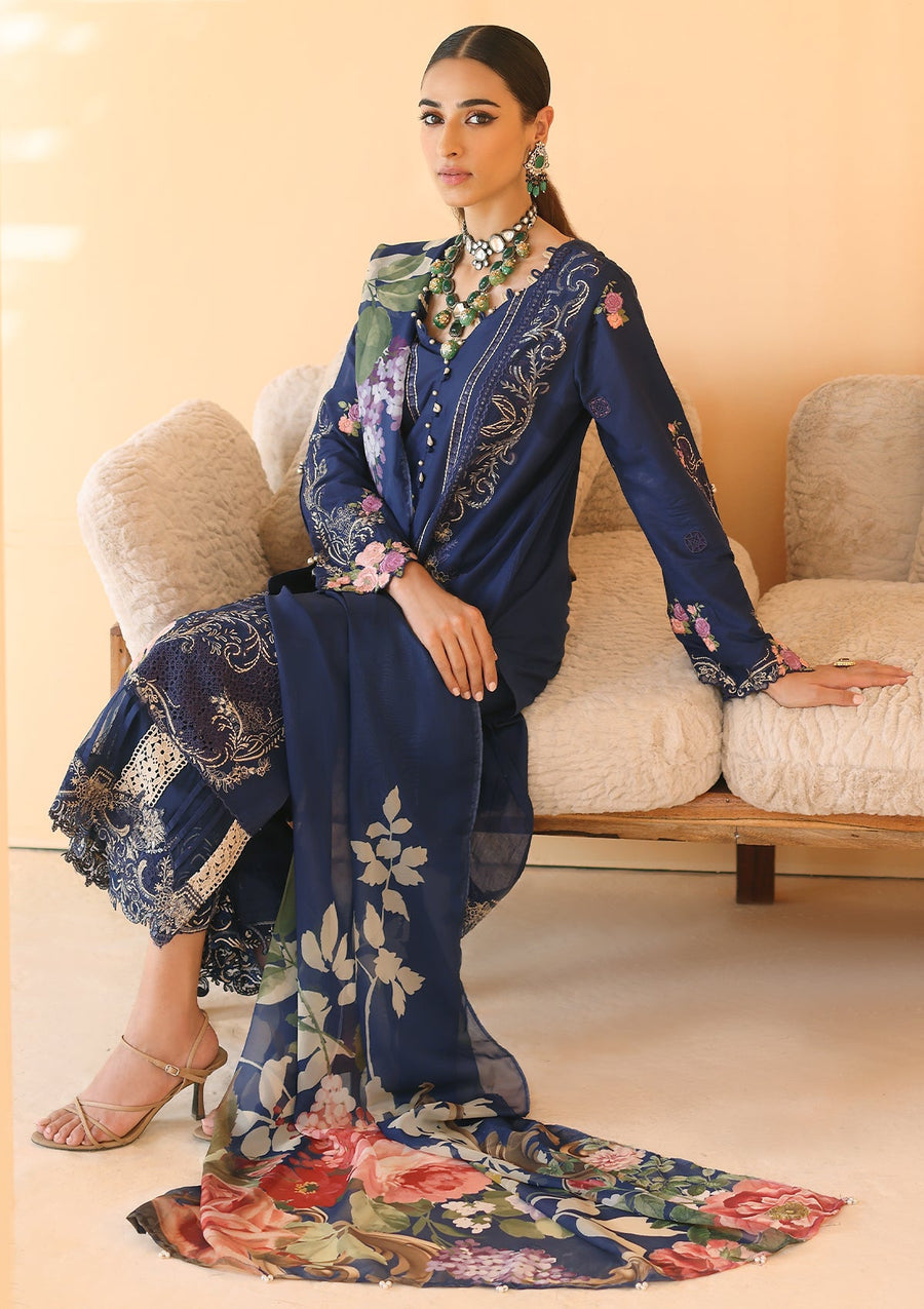 ELAF Premium Luxury Pret Embroidered Lawn 3Pc Suit ELP-06B Lapis
