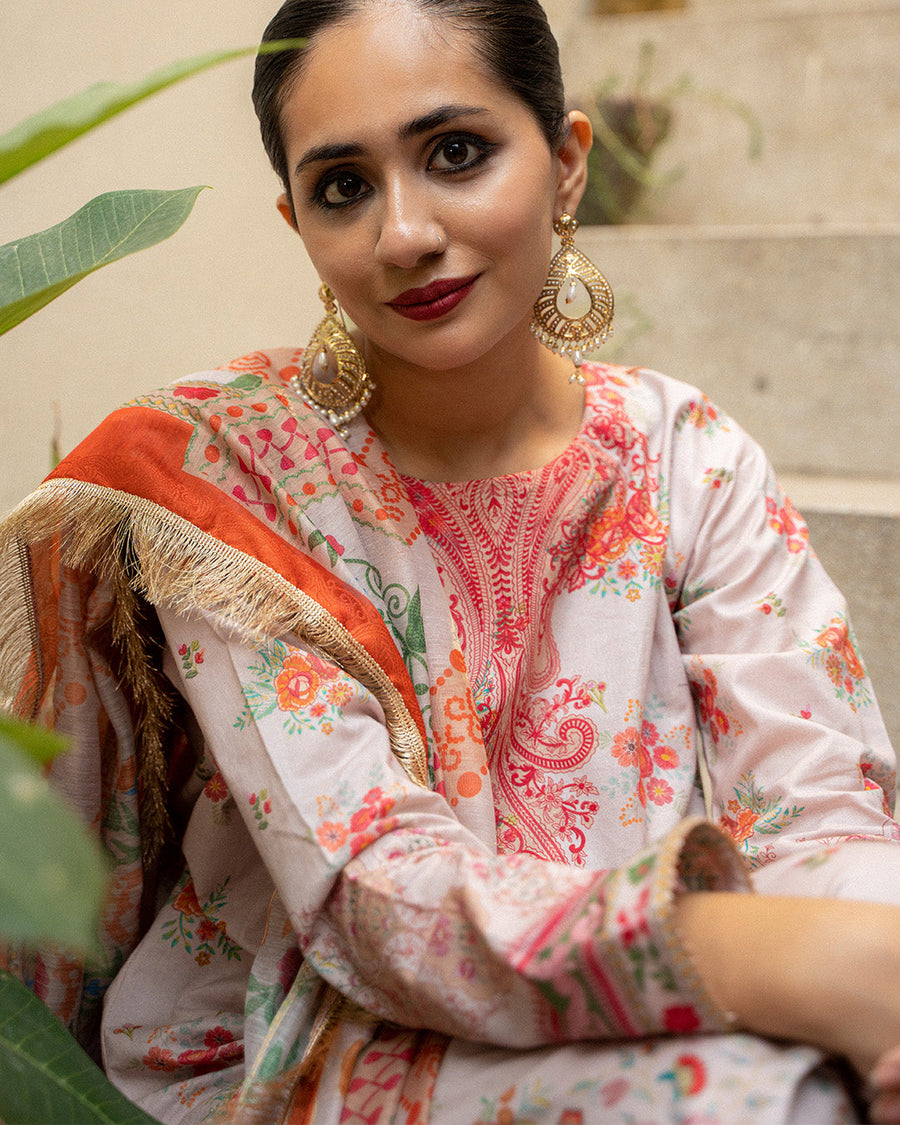 Noorangi Masakali Unstitched Printed Cambric 3Pc Suit - Zar-e-Sufaid
