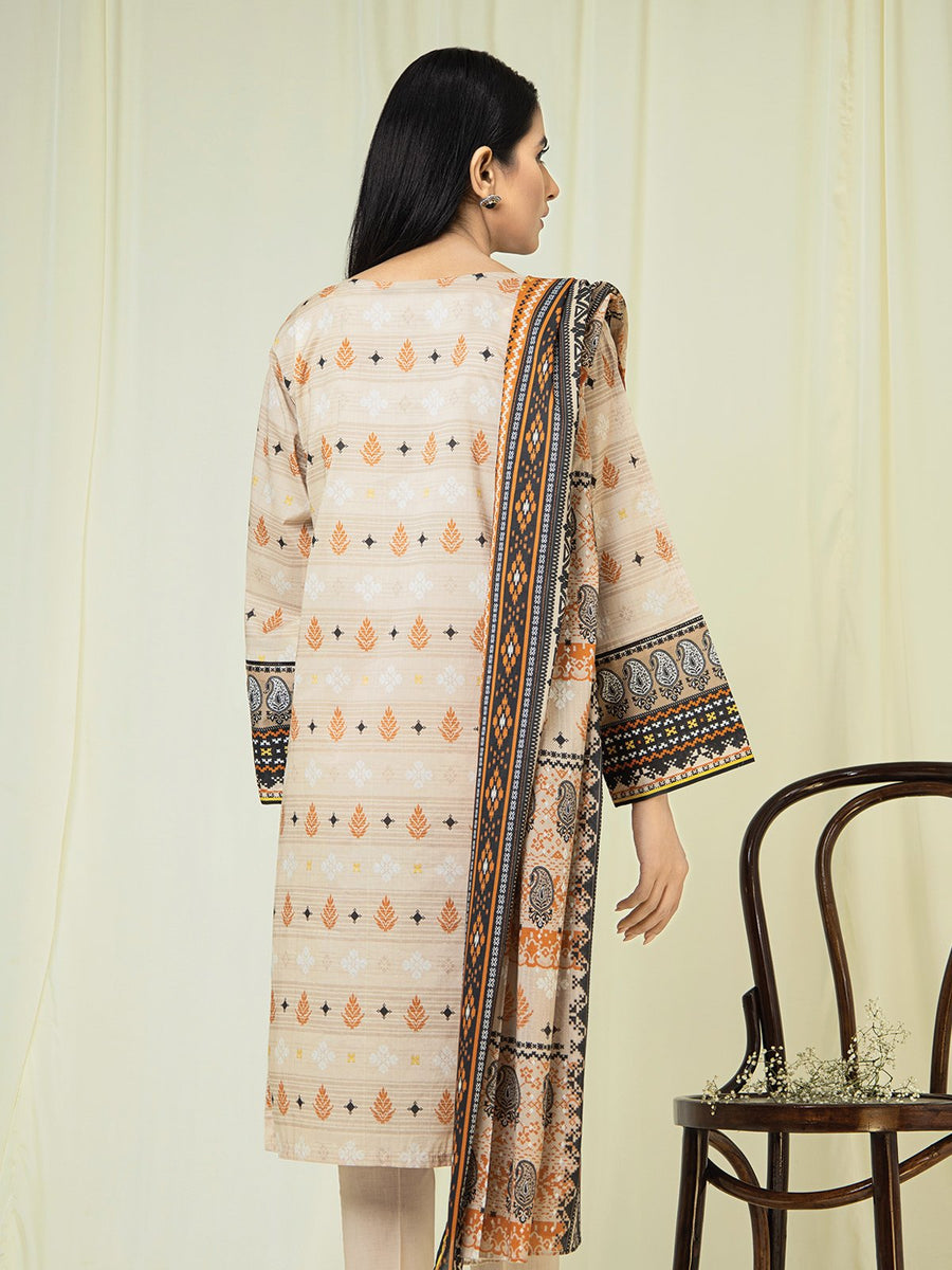 edenrobe Allure Beige Printed Lawn 3 Piece EWU22A1-23811