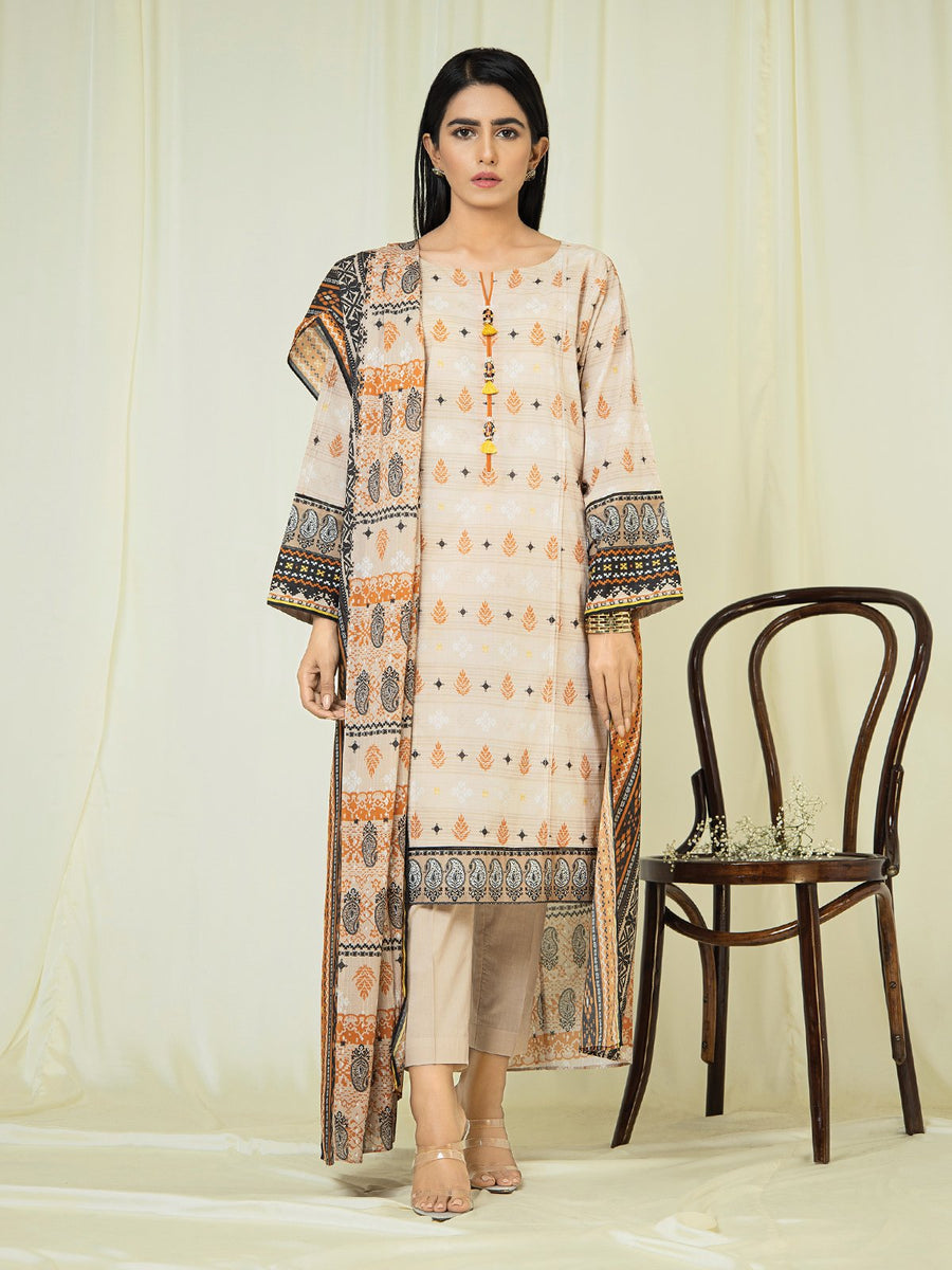 edenrobe Allure Beige Printed Lawn 3 Piece EWU22A1-23811