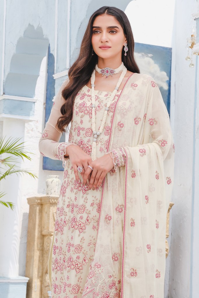 Motifz Premium Bemberg Chiffon Unstitched 3Pc Suit 2910 Pearl Fringe - FaisalFabrics.pk