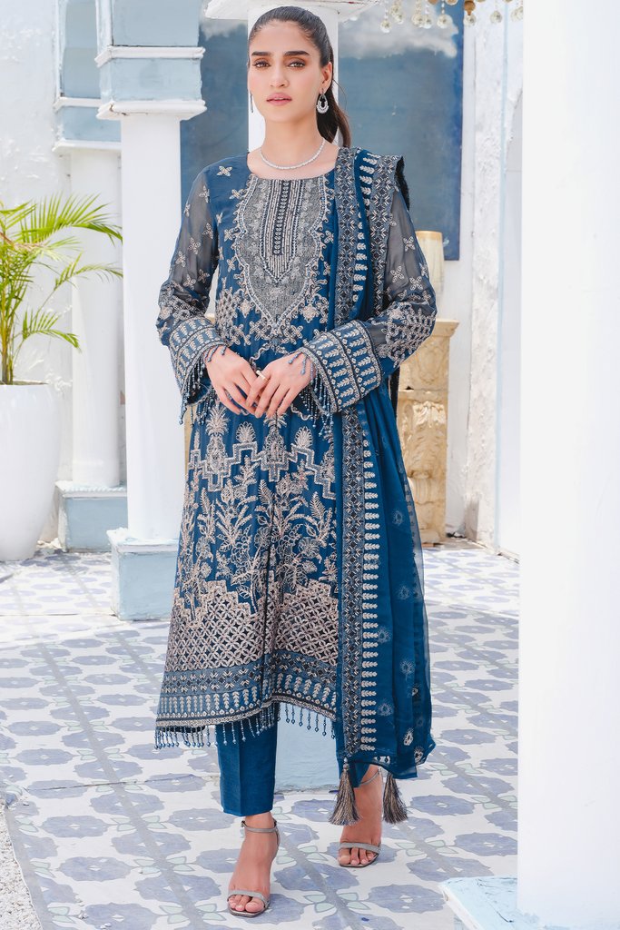 Motifz Premium Bemberg Chiffon Unstitched 3Pc Suit 2914 Chinese Blue - FaisalFabrics.pk