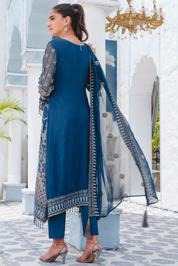 Motifz Premium Bemberg Chiffon Unstitched 3Pc Suit 2914 Chinese Blue - FaisalFabrics.pk