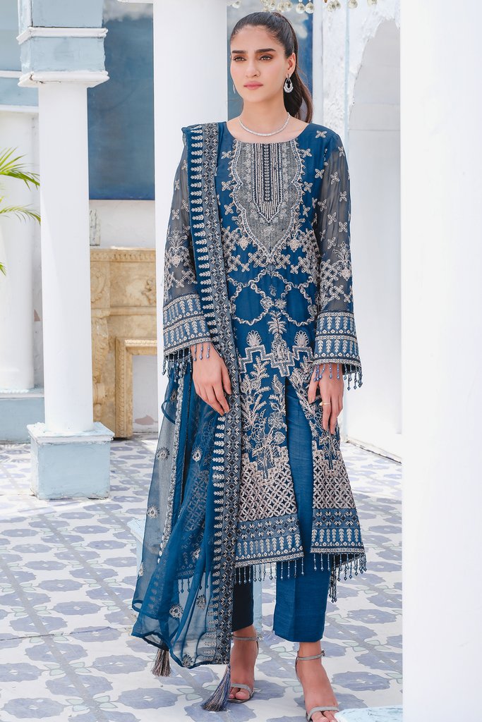 Motifz Premium Bemberg Chiffon Unstitched 3Pc Suit 2914 Chinese Blue - FaisalFabrics.pk