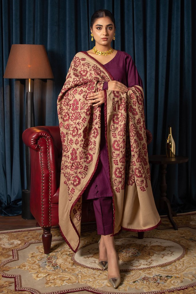 Motifz Womens Winter Embroidered Pashmina Blend Shawl 3098-EMRIC - FaisalFabrics.pk