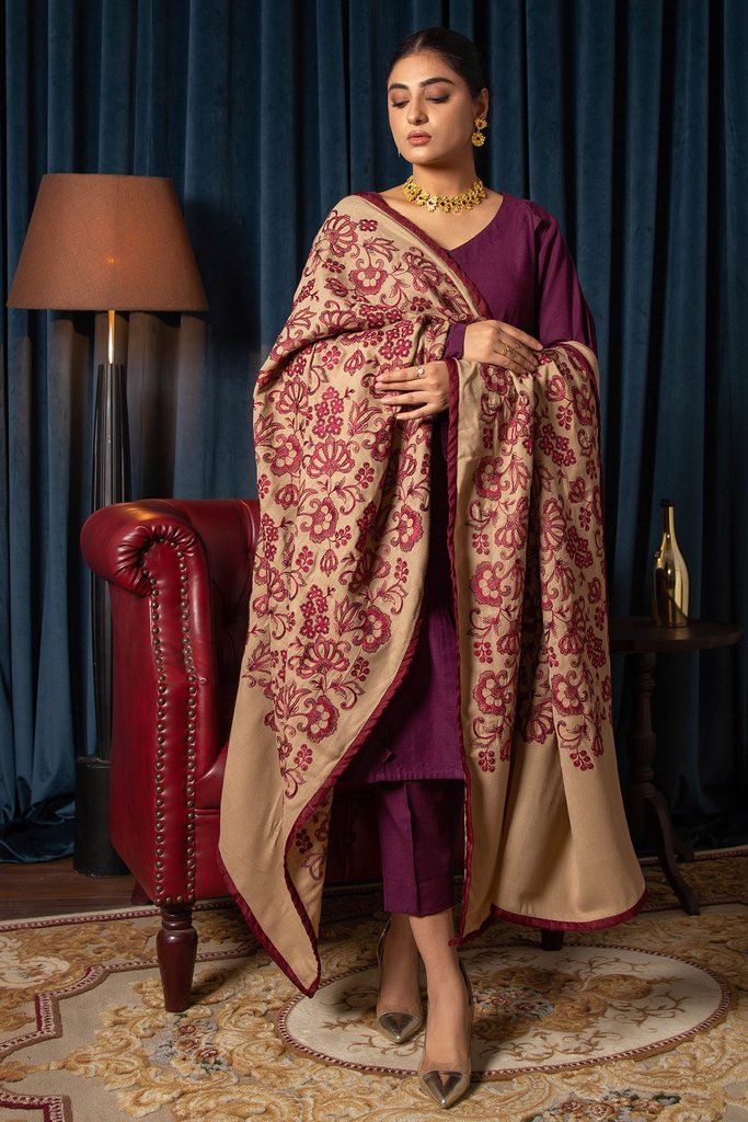 Motifz Womens Winter Embroidered Pashmina Blend Shawl 3098-EMRIC - FaisalFabrics.pk