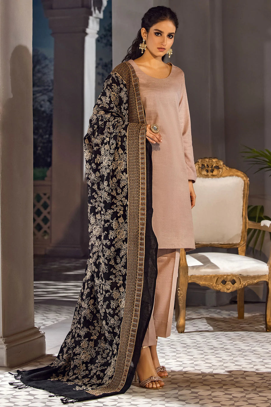 Motifz Unstitched Embroidered Pashmina Blend Shawl 3416-ROSE-PETAL