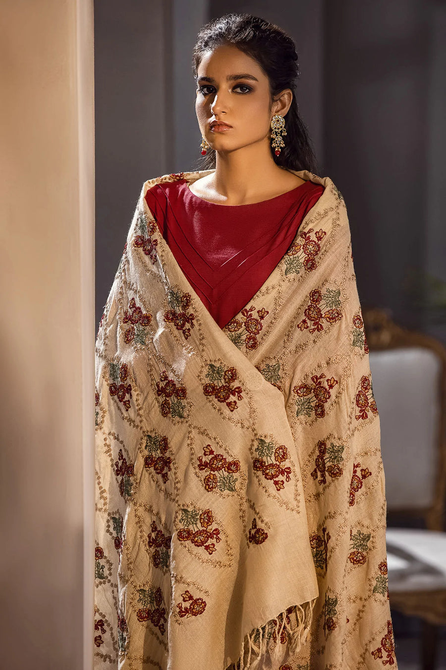 Motifz Unstitched Embroidered Pashmina Blend Shawl 3420-FLORA-PLUM