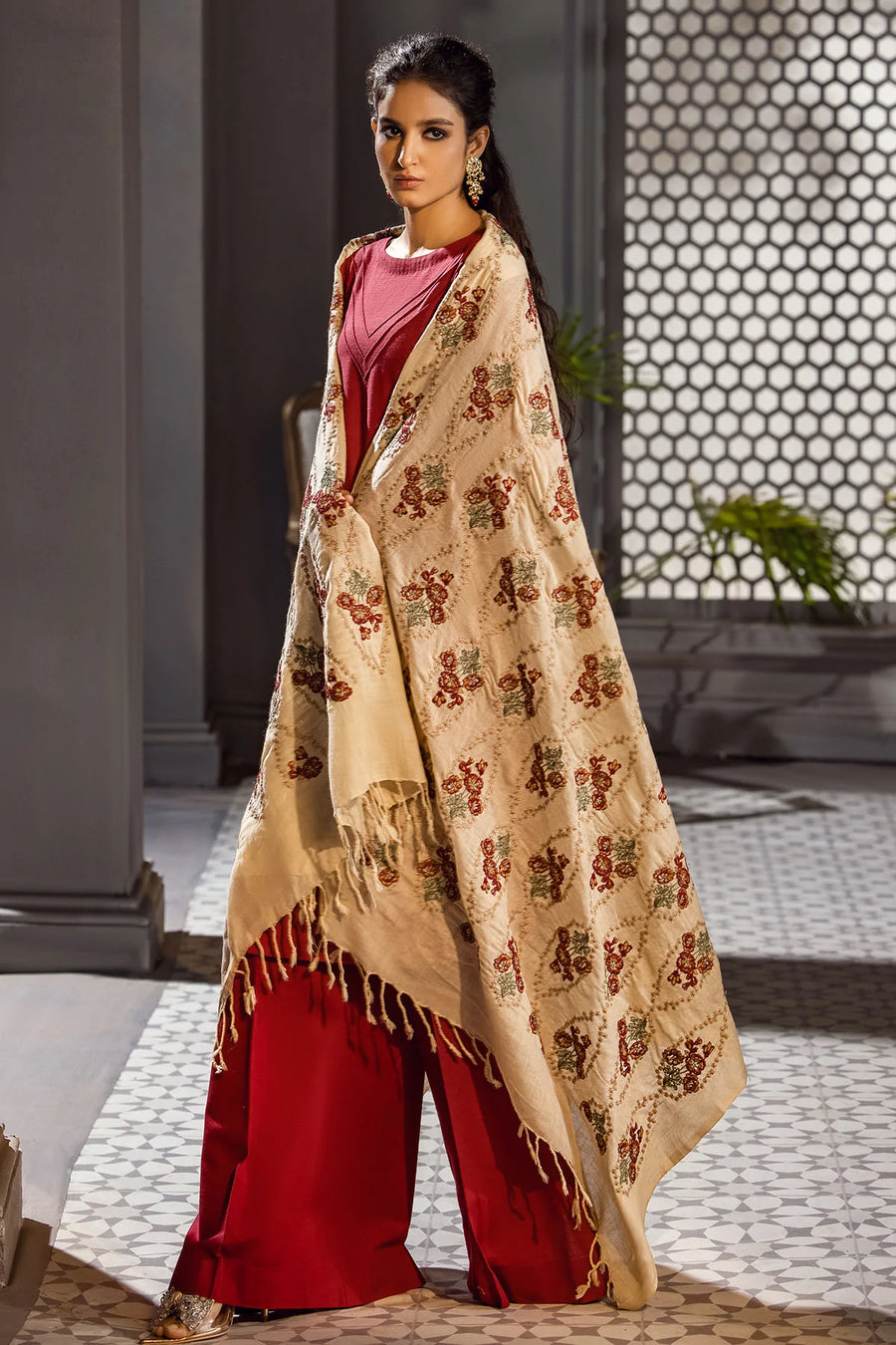 Motifz Unstitched Embroidered Pashmina Blend Shawl 3420-FLORA-PLUM