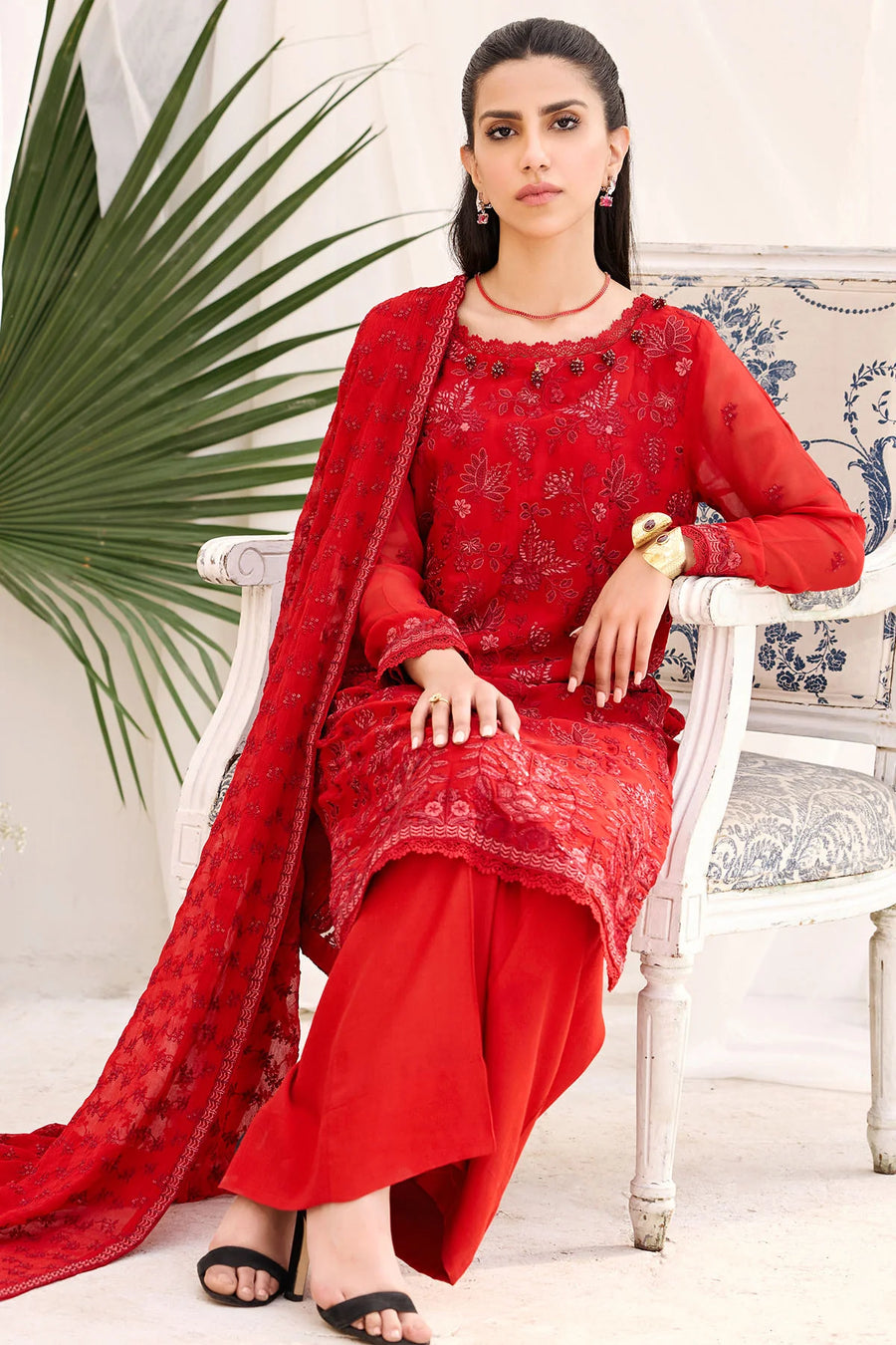 Motifz Embroidered Bemberg Chiffon Unstitched 3Pc Suit 3883-JUNEBERRY