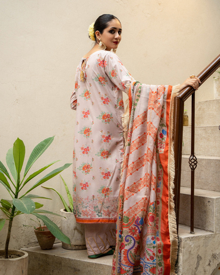 Noorangi Masakali Unstitched Printed Cambric 3Pc Suit - Zar-e-Sufaid