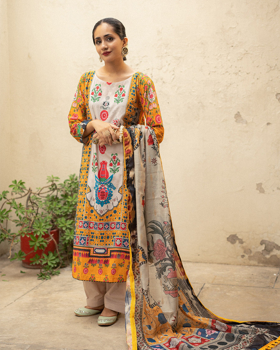 Noorangi Masakali Unstitched Printed Cambric 3Pc Suit - Saffron