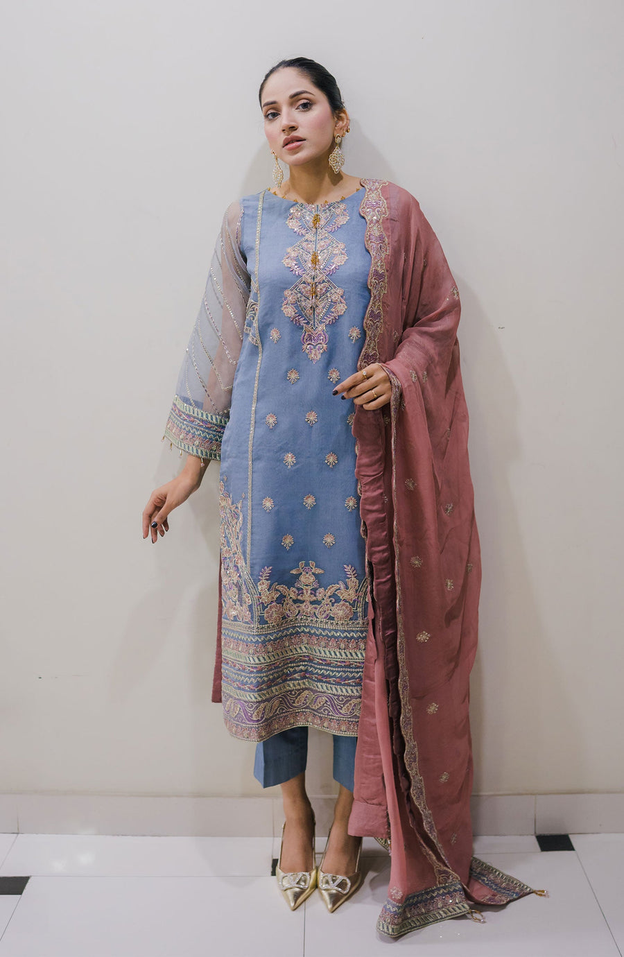 Surmai Sirr e Ayaa Unstitched Embroidered Formal 3Pc Suit - OPAL