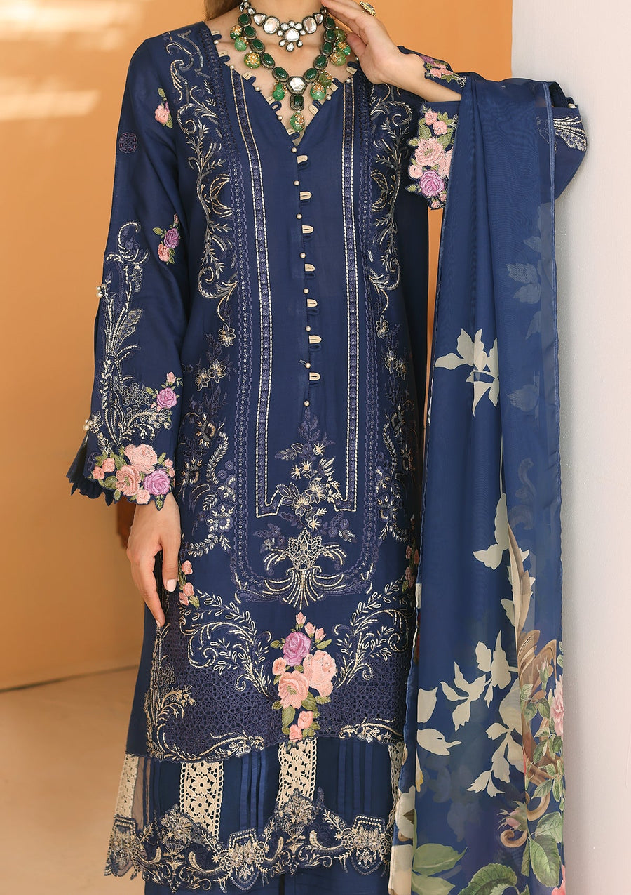 ELAF Premium Luxury Pret Embroidered Lawn 3Pc Suit ELP-06B Lapis