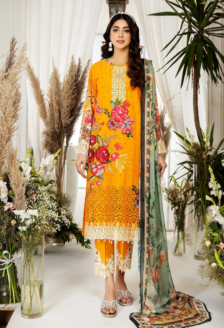 Adan's Libas Chartreuse Chikankari Lawn Unstitched 3Pc Suit D-07