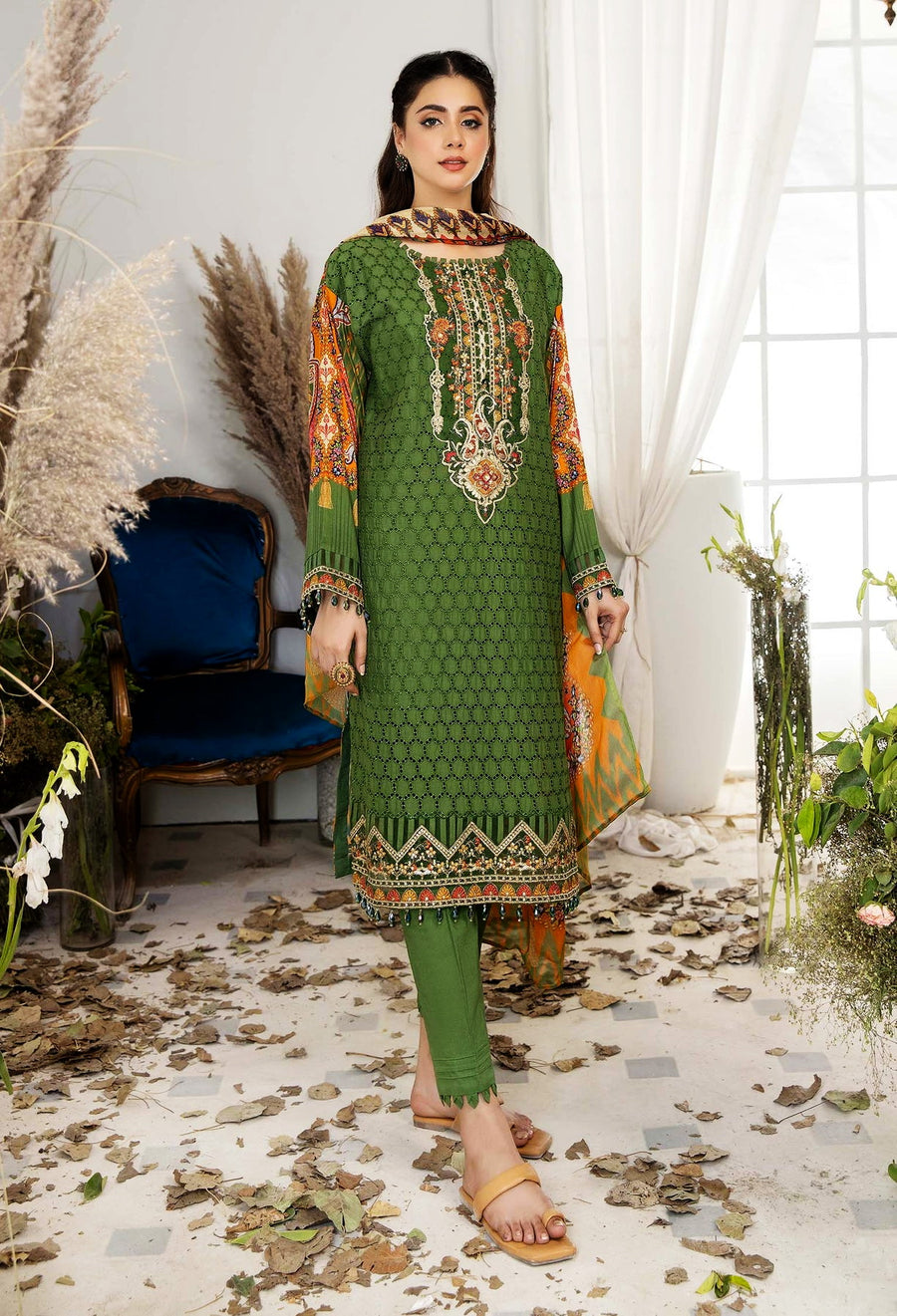Adan's Libas Chartreuse Chikankari Lawn Unstitched 3Pc Suit D-09