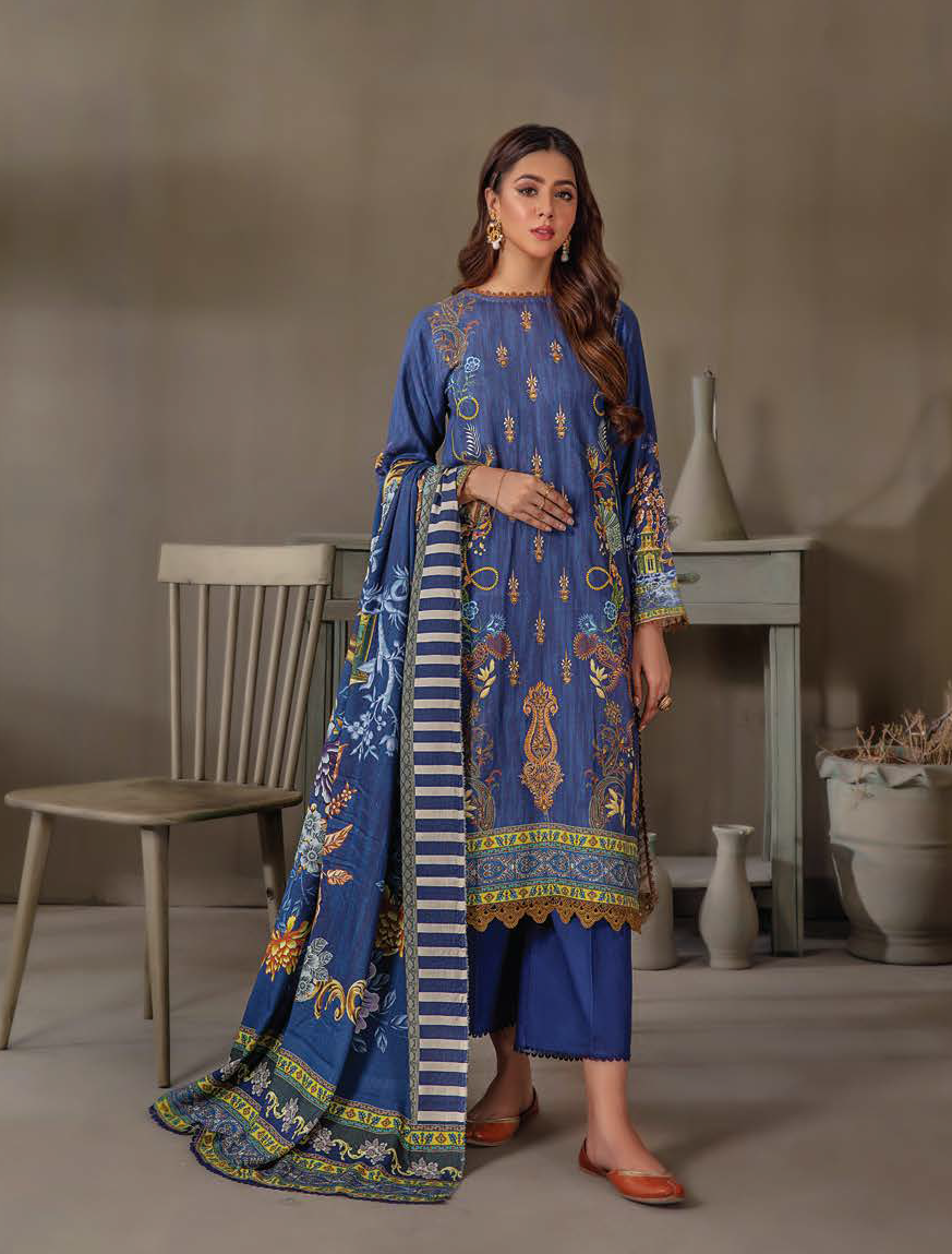 LALA Textiles Sana & Samia Embroidered Woolen 3Pc Suit D-06 Adularia