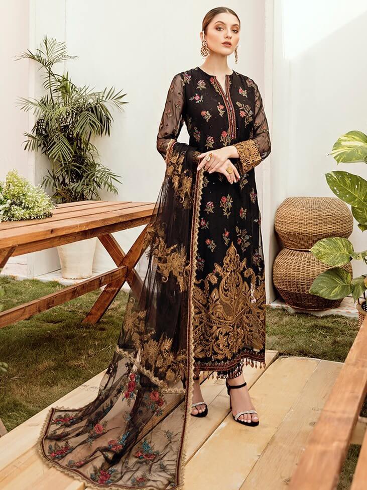 Afrozeh La Fleur Luxury Chiffon Collection 2020 3pc Suit 01-Black Beauty - FaisalFabrics.pk